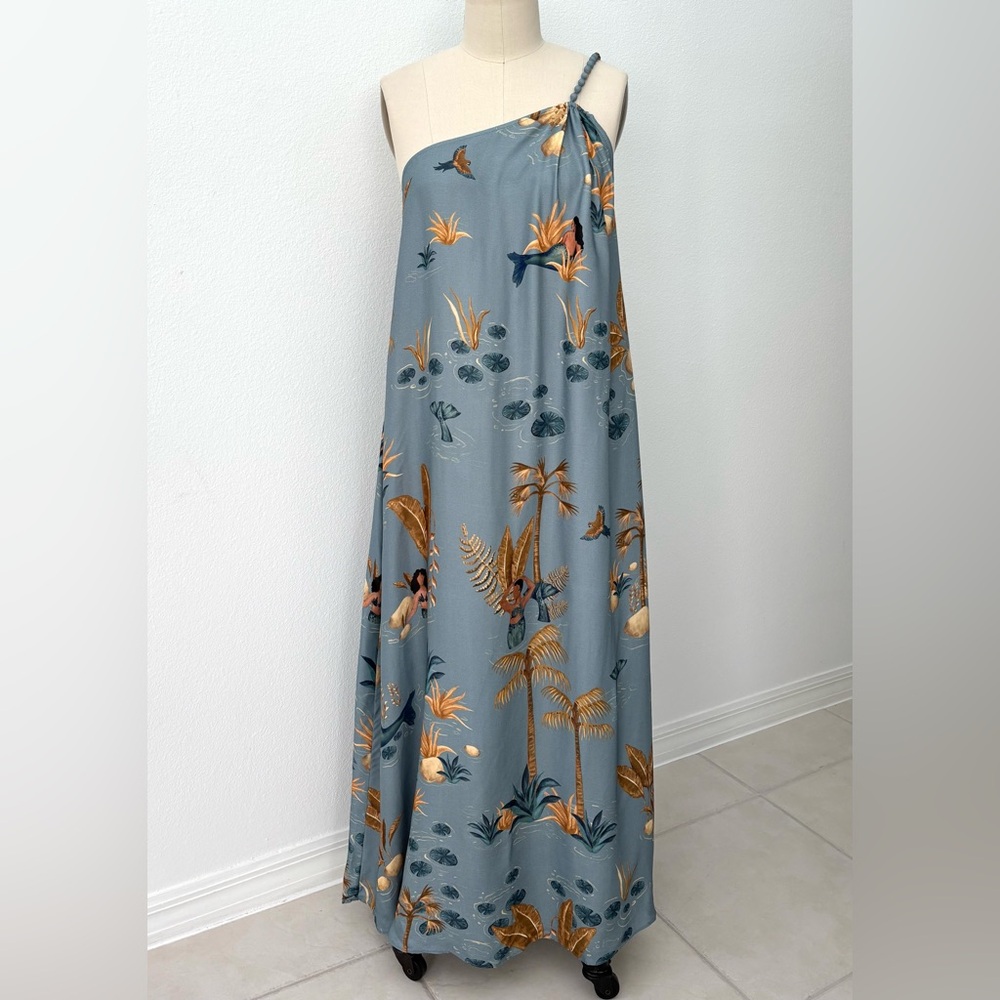 Farm Rio X Anthropologie One Shoulder Maxi Dress NWT Mermaids Birds Exotic M